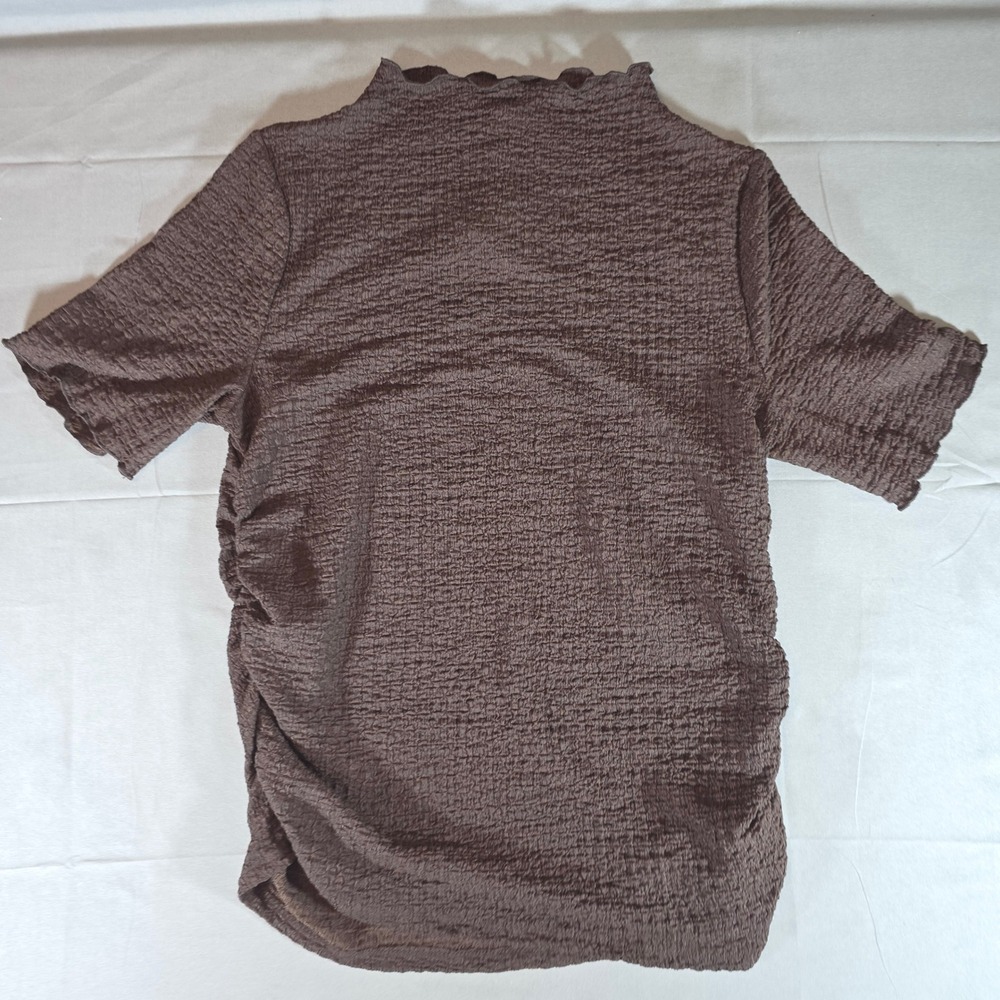 A New Day Brown Textured Mock Neck Ruched Top Short Sleeve Size L NWT